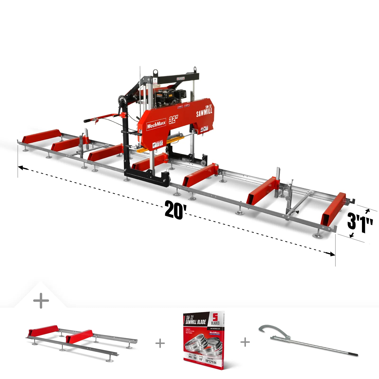 32" Portable Sawmill with 420cc 15HP E-Start Engine - 5 Blades, 29" Cutting Width, 20' Track (Includes Extension) - Model SM32