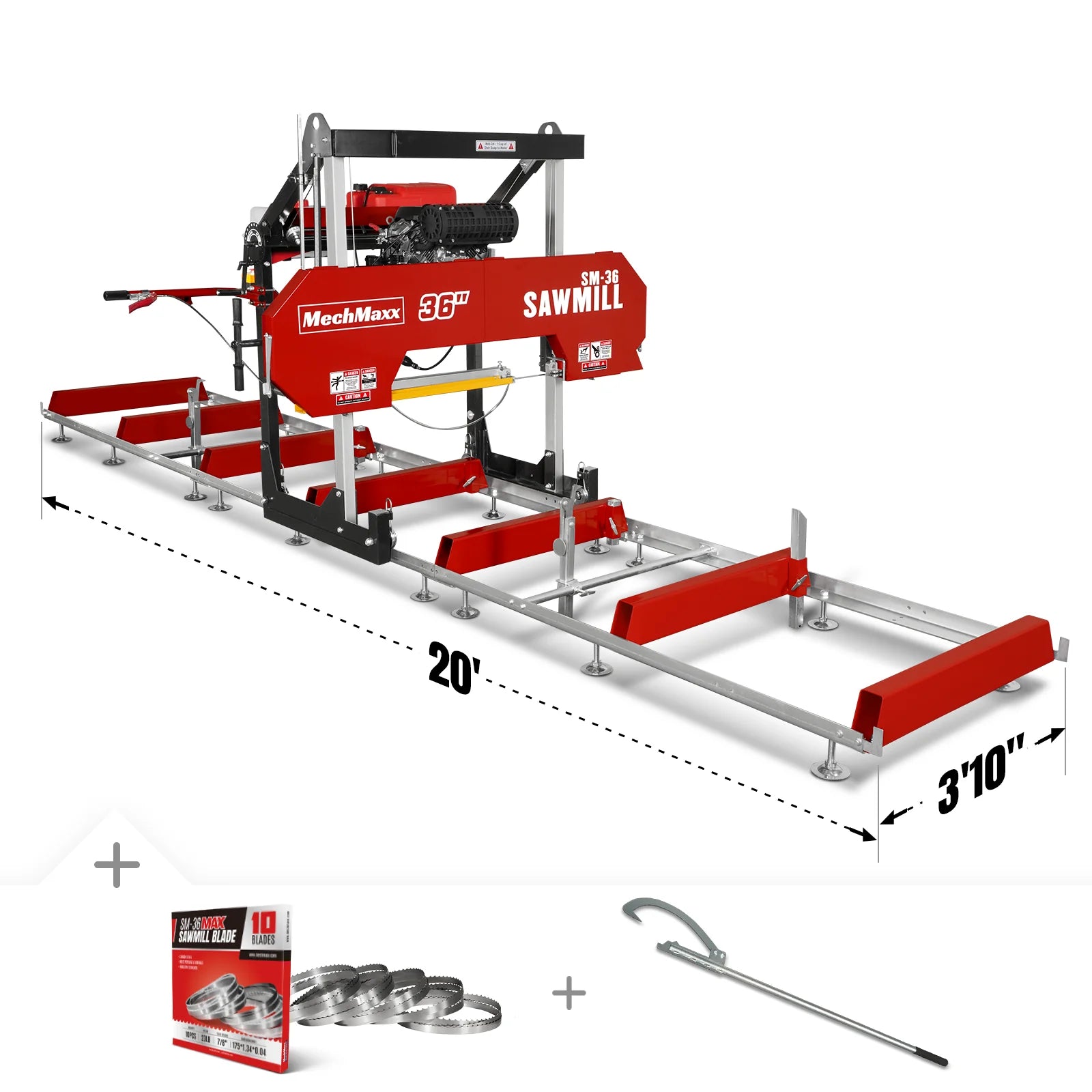36" MAX Portable Sawmill with 25HP 750cc ZONSEN V-Twin Engine - 36" Cutting Width, 20' Track, Includes 10 Blades - Model SM36MAX