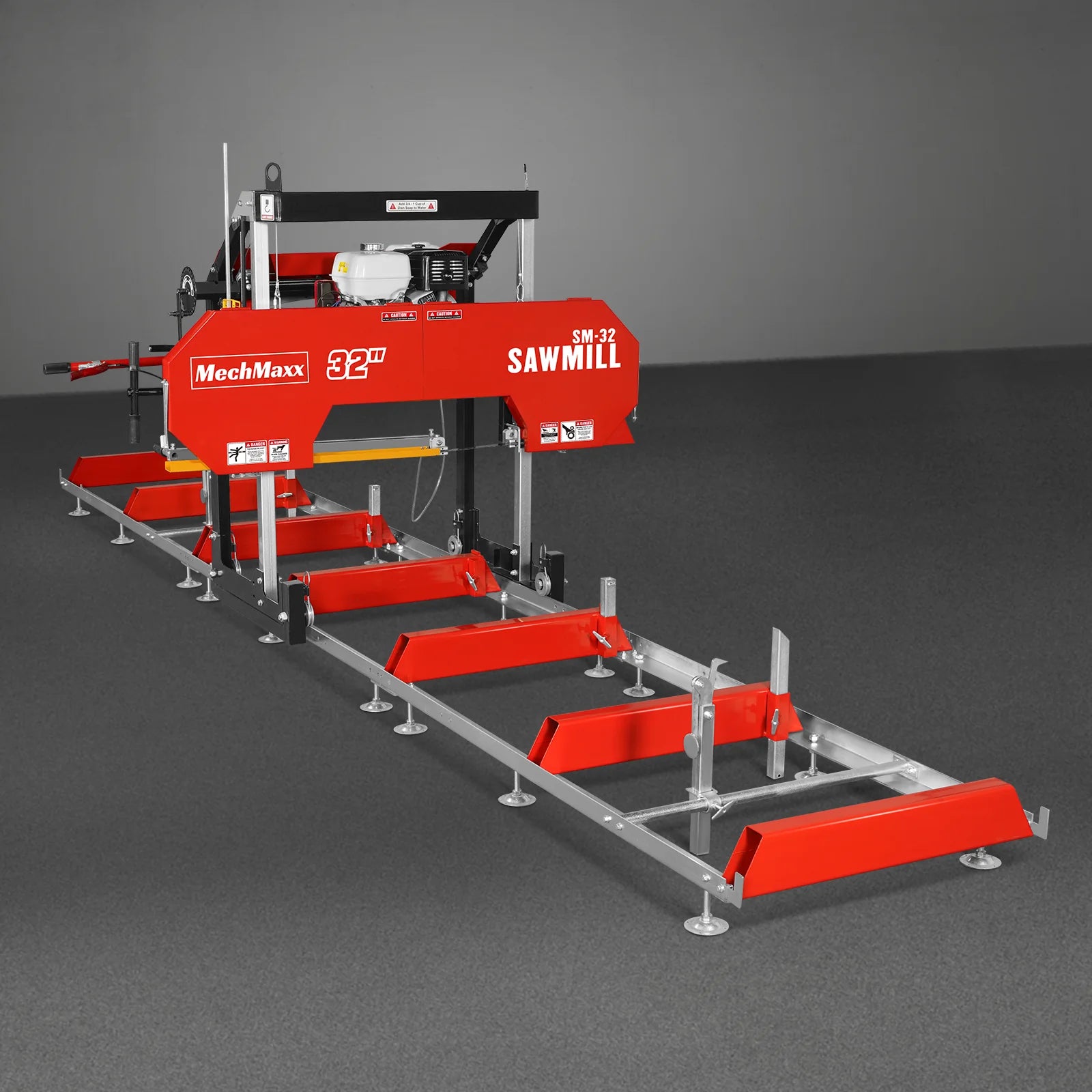 32" Portable Sawmill (5 x Blades Included), HONDA GX390 389cc E-Start Gasoline Engine, 29" Board Width, 20' Track Length (13' Track Length + 6.6' Track Extension Included) , SM32