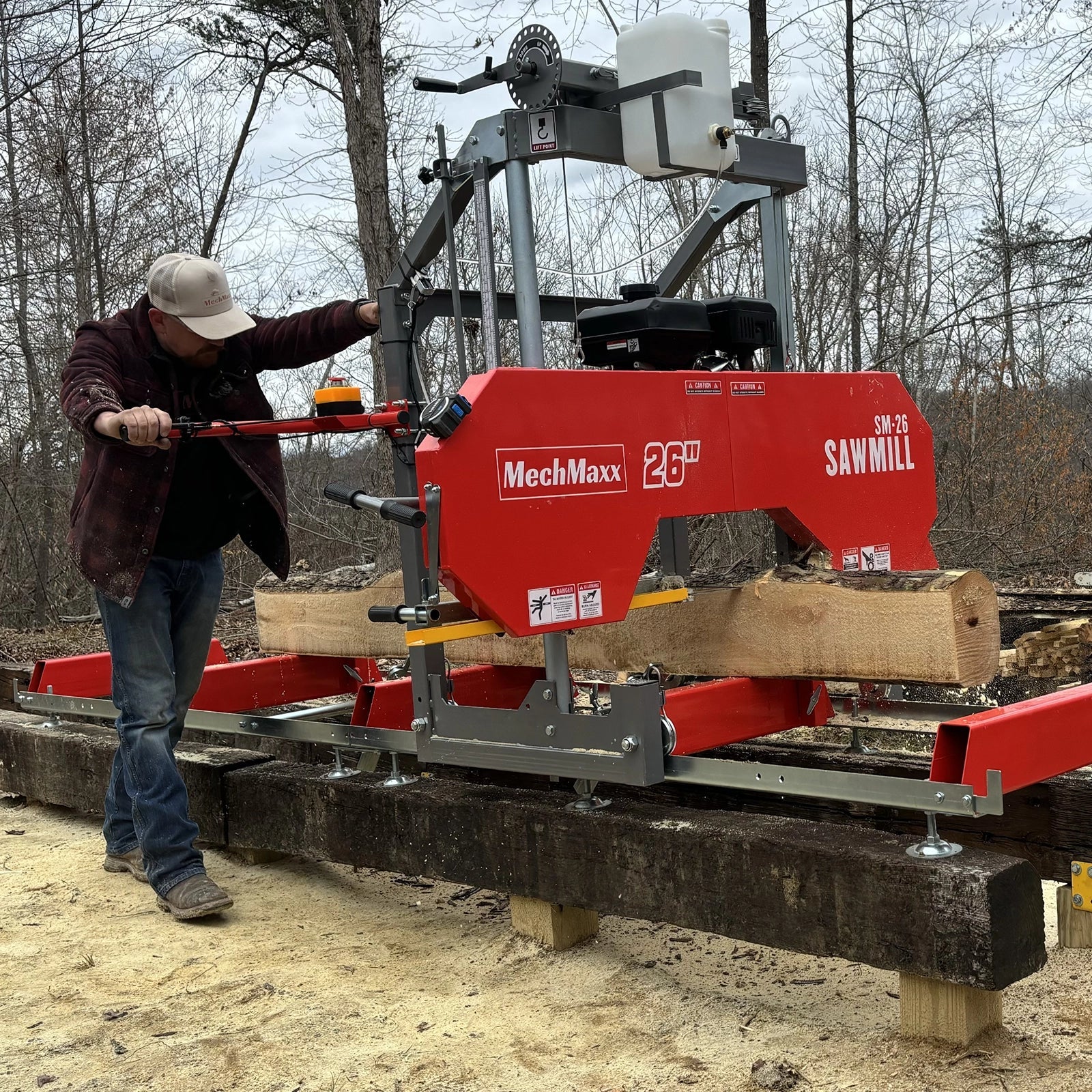 26" Portable Sawmill, 420cc 15HP E-Start Gasoline Engine, 22" Board Width, 13' Track Length , SM26