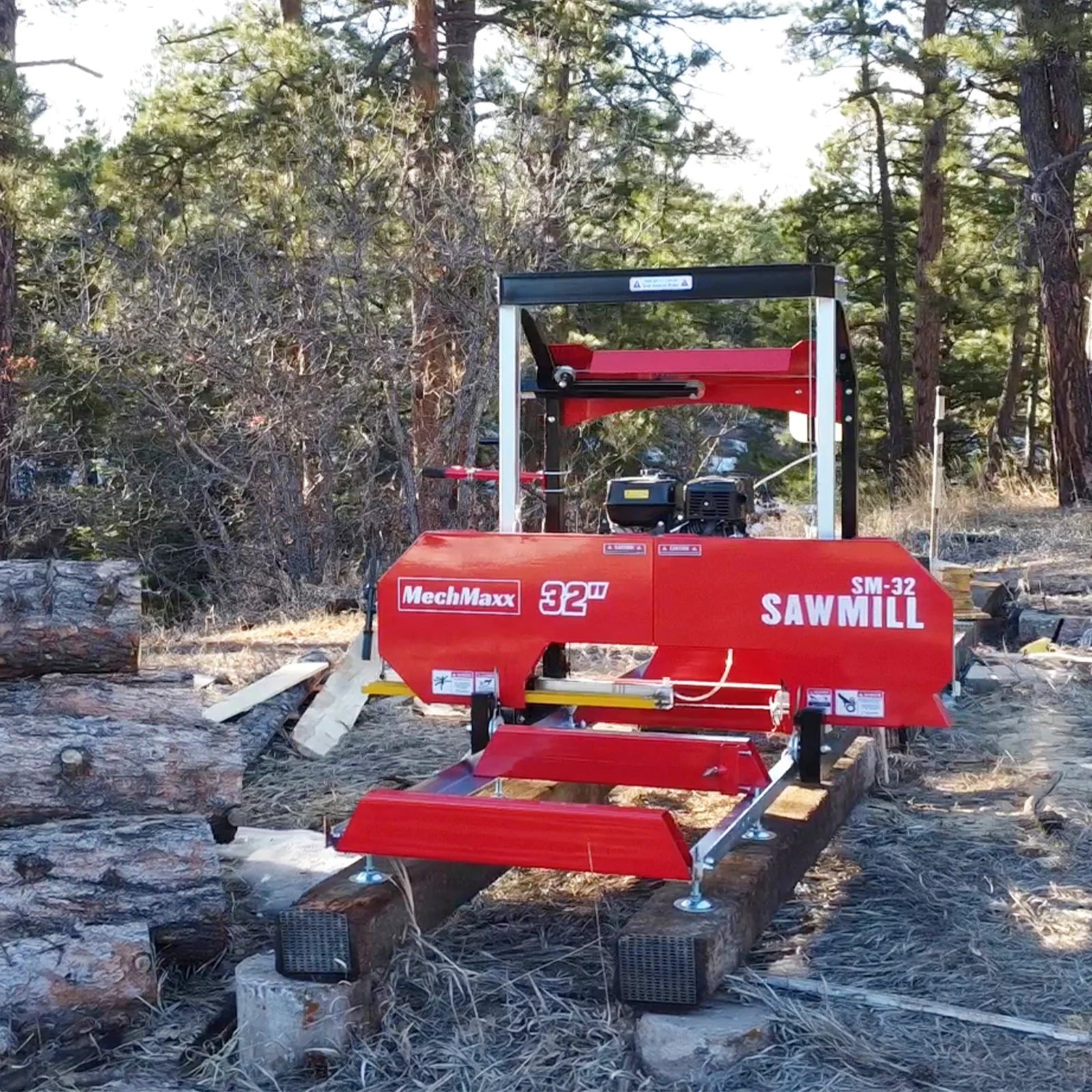 32" Portable Sawmill with 420cc 15HP E-Start Engine - 5 Blades, 29" Cutting Width, 20' Track (Includes Extension) - Model SM32